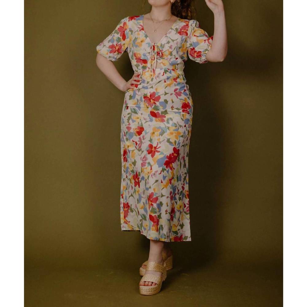 Lush Floral Midi Dress in Cream with Red, Yellow & Blue Flowers